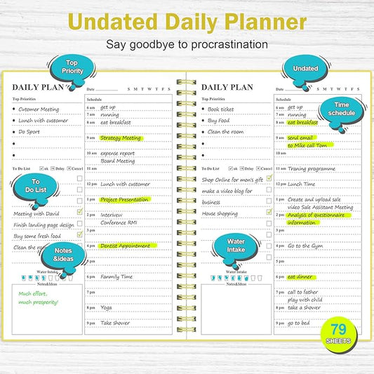 Asten Daily Planner Undated - To Do List Notebook With Hourly Schedules and Spiral Appointment Book for Men and Women, ADHD Work Planner With Inner Pocket 8.3"x 5.8" (Yellow)