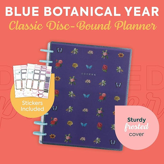 Happy Planner Disc-Bound Planner Jan.–Dec. 2026, Includes 3 Extra Months and 2 Sticker Sheets, Classic Size, 7" x 9.25", Dashboard Layout, Blue Botanical Year