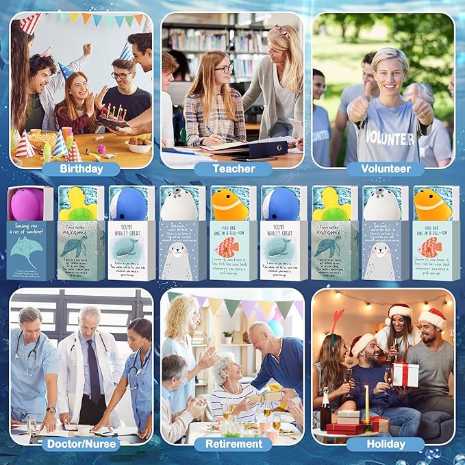 Wettarn 25 Sets Sea Animal Positive Gifts Cute Stress Balls with Support Gift Boxes Inspirational Party Favors for Employee Coworker Friends Office Appreciation Relief Toys