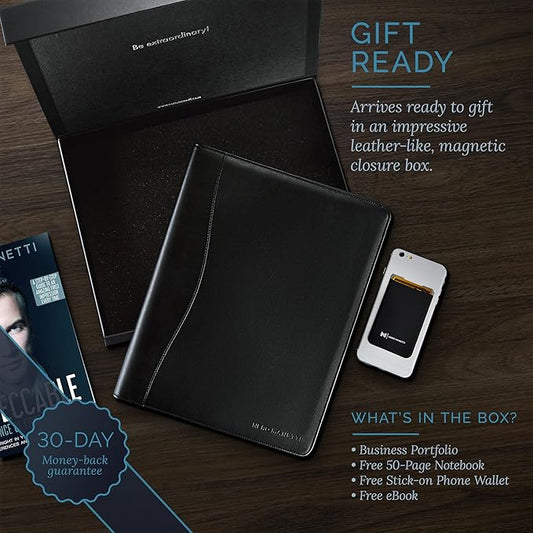 NERO MANETTI- Leather Portfolio Folder - Business PU Leather Portfolio Notepad Holder for Resumes, Legal Pad Portfolio Executive Binder, Professional Padfolio Notebook for Women/Men