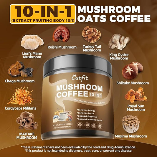 Mushroom Coffee,10 Adaptogenic Mushrooms With Oatmeal Powder MCT Oil, Hydrolyzed Collagen, Instant Coffee with Lion's Mane, Chaga, Cordyceps, L-Theanine for Energy, Focus, Digestion and Immunity, 160G