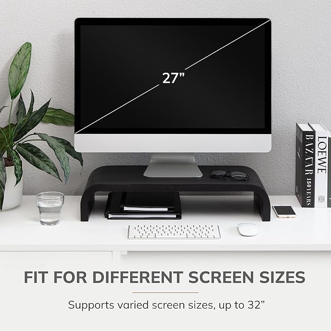 Anji Mountain Wood Monitor Stand Riser Desk Desktop Organizer Table for Home, Office Workspace, Laptop Riser, Ergonomic Design Stand for Gaming Setup, Black