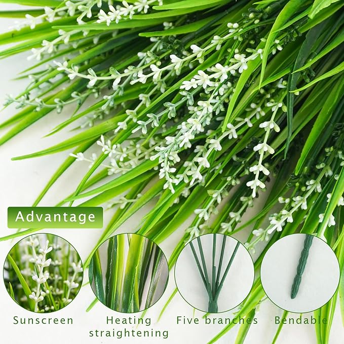 10 Pcs Artificial Plants Outdoor, UV Resistant Fake Outdoor Flowers Plants Faux Plastic Monkey Grass for Outside Front Porch Garden Window Box Home Office Planters Desk Decor (White)