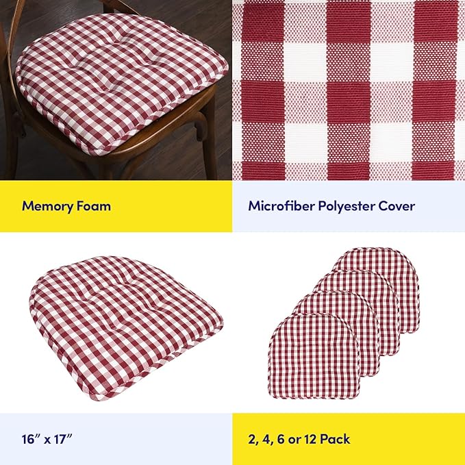 Sweet Home Collection Chair Cushion Memory Foam Pads Tufted Slip Non Skid Rubber Back U-Shaped 17" x 16" Seat Cover, 4 Count (Pack of 1), Checkered Wine/White