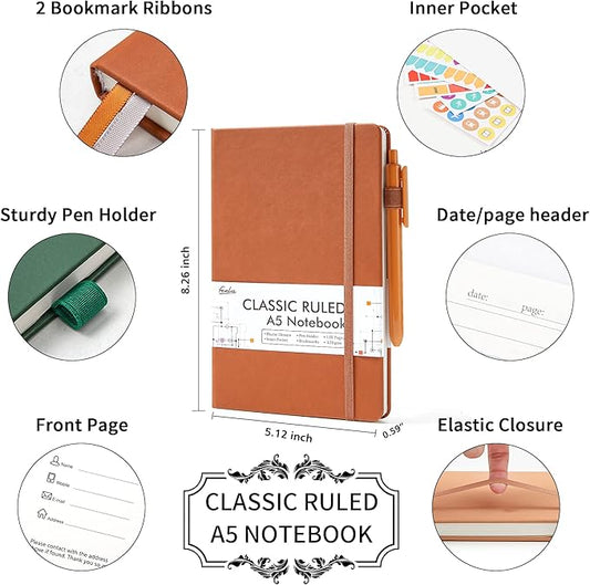 feela Hardcover Notebook For Work, Classic Ruled Lined Journal Set School Business Supplies, with 3 Black Pens, 120 GSM, 5.1”x8.3”, 3 Pack, A5, Vintage Colors