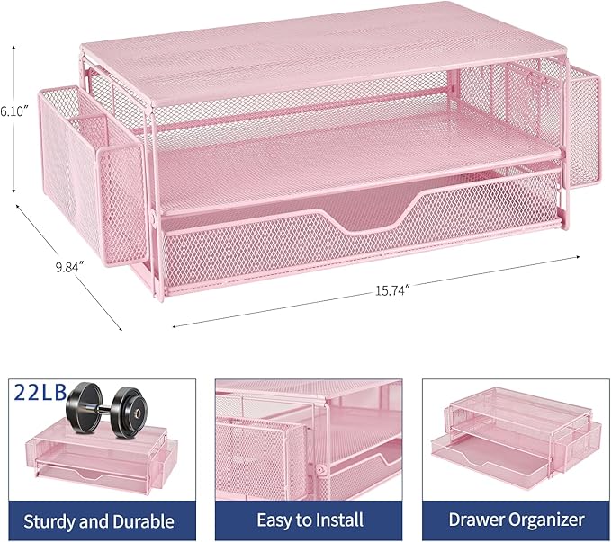 AUPSEN Computer Monitor Stands Riser,2-Tier Desk Organizers and Accessories, Office Desk Accessories Organizer with Drawers and 2 Pen Holder for Office Supplies (Pink)