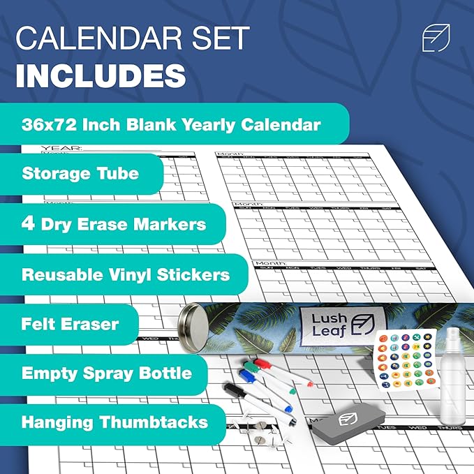 Large Dry Erase Calendar for Wall, 36" x 72" - Undated, Yearly, Reusable - Full 12 Month Year - Includes Markers, Eraser & Accessories