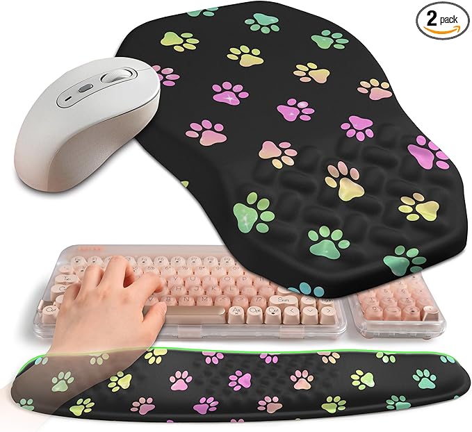 2-in-1 Ergonomic Set, Wave Keyboard Wrist Rest and Massage Slope Mouse Pad Wrist Support, Rebound Memory Foam for Relieve Carpal Tunnel Syndrome and Wrist Pain (Cute Cat Claws)