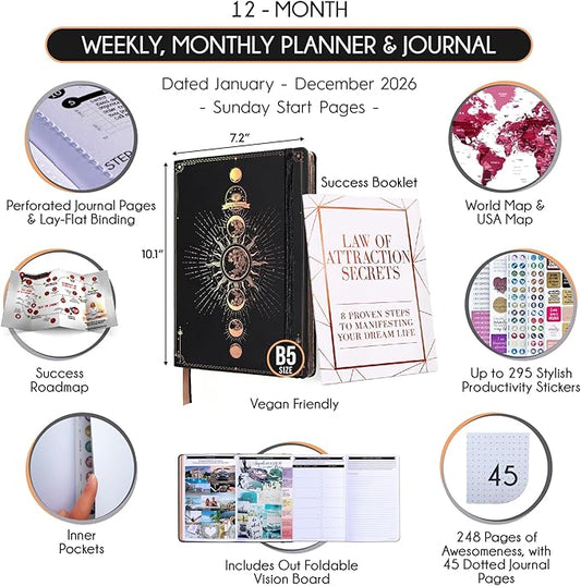 2026 Planner Weekly and Monthly | Law of Attraction Planner with Panduo App | A 12 Month Journey for Productivity, Gratitude & Goal Setting | Includes Foldable Vision Board, Gift Box & Stickers