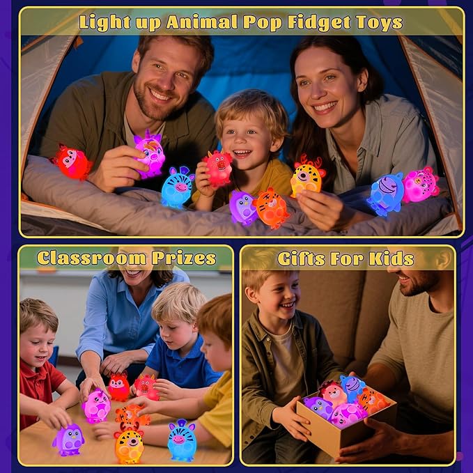 12 PCS Light Up Animal Suction Pop Fidget Toys, Glow Party Favors for Kids Goodie Bags Stuffers, Pinata Stuffers, Carnival Prizes, Light Up Toddler Toys, Kids Prizes