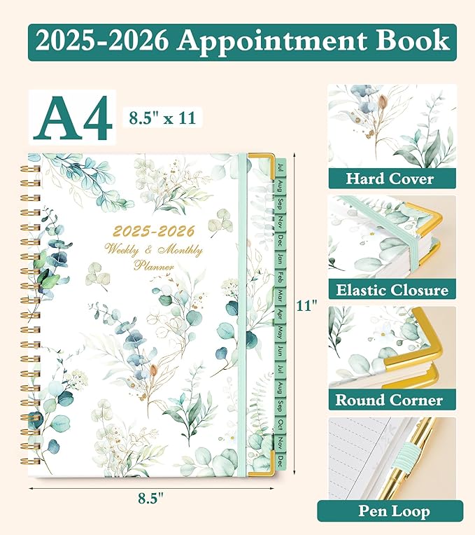 2025-2026 Appointment Book, Academic Planner 18 Months Weekly and Monthly (July 2025 - December 2026), 8.5"x11" Daily Hourly Planner 60-Minute time Slots, Spiral Calendar Schedule Book for Work School Teacher Student, Aesthetic Leaf
