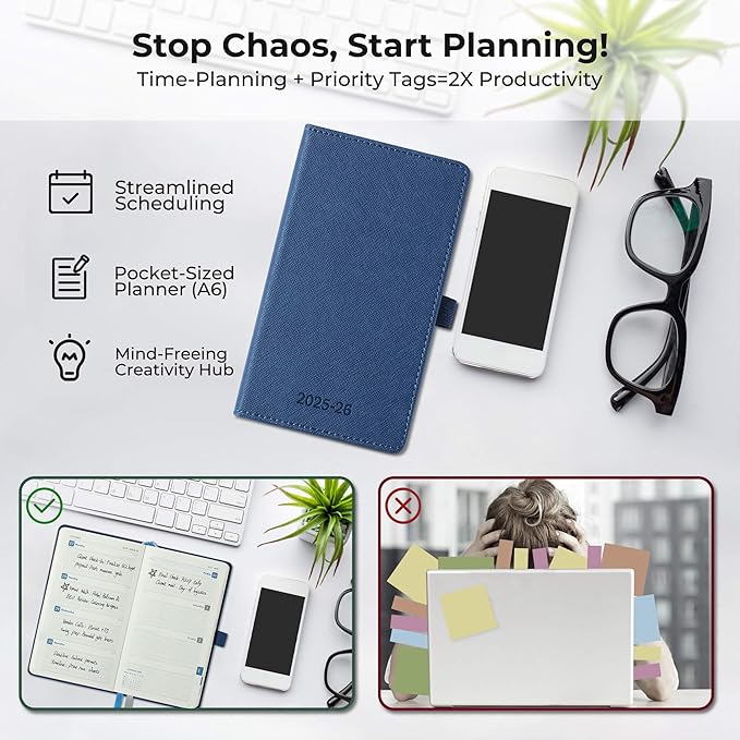 Weekly Monthly 2025-2026 Planner (July 25-Dec 26),6.5"x3.75",18 Months Agenda Plan with Month Tabs & Pocket,Expenses/Note Pages, Academic Calendar with Vegan Leather Cover,Blue