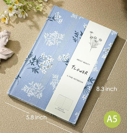 Floral Hardcover Journal for Writing, Lined Notebook for women, A5, 200 Pages, 6x8 Medium Size Notebook, Floret Printed Fabric Linen Personal Journal, Lay Flat Notebook, Reading Journal, Blue.