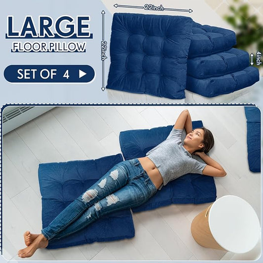 Jerify 4 Pcs Floor Pillow Cushions 22 x 22 Inch Round Square Large Meditation Floor Pillow for Classroom Adult Meditation Picnic Party Cushion for Seating Gift Christmas(Navy Blue,Square)