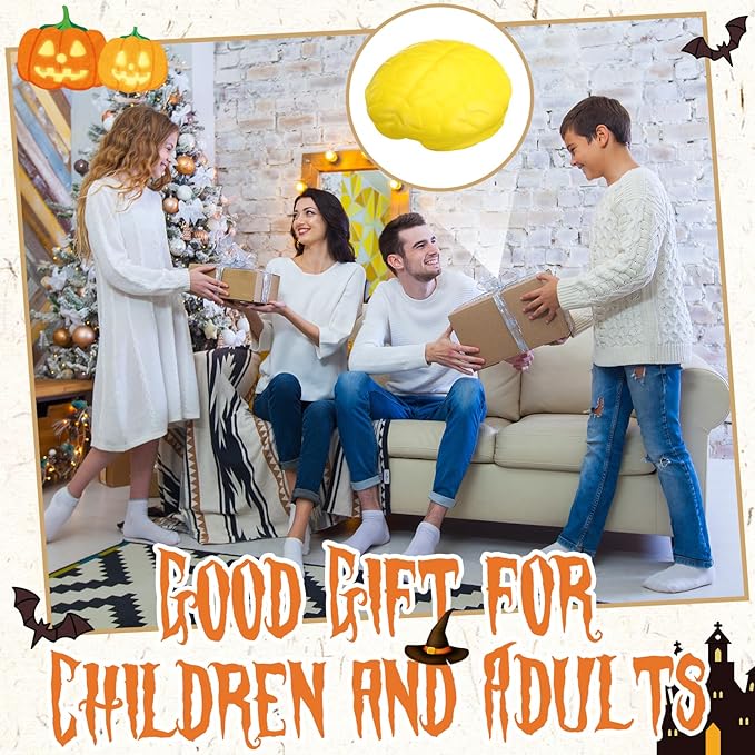 Leitee 12 Pcs Brain Stress Balls Bulk Large Halloween Brain Toys PU Hand Muscle Exercise Pressure Ball Funny Stress Relief Toy for Teens Adult Improving Grip Strength Prop(Yellow)