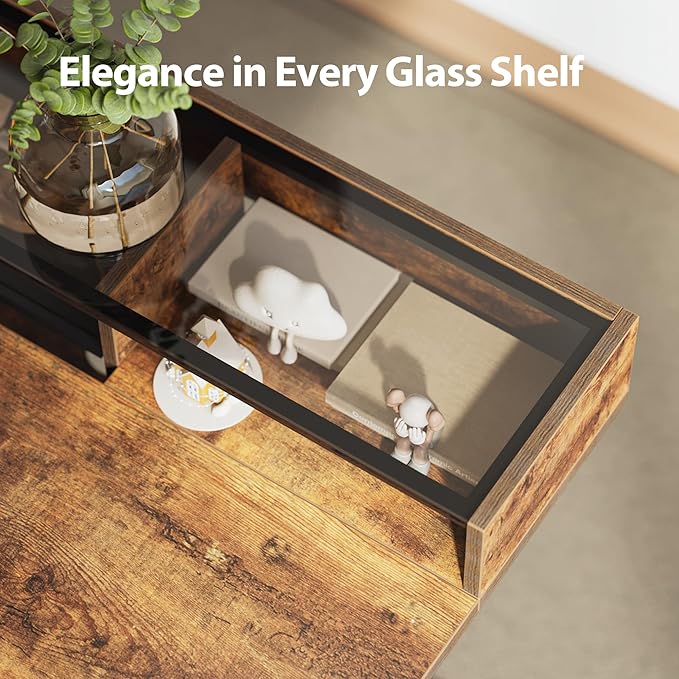 Agilestic Glass Standing Desk with Storage, 48 Inch Electric Adjustable Desk with Glass Shelf and Cable Management, Sit Stand Up Home Office Computer Table, Splice Board, Rustic Brown