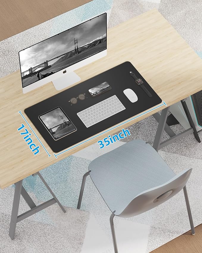 Leather Desk Pad Blotter,Mouse Pad,Office Desk Mat, Non-Slip PU Leather Desk mat,Large Desk mat,Waterproof Keyboard mat for Office/Home/Decor (Black,31.5" x 15.7")