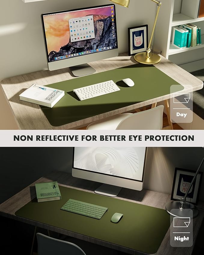 YSAGi Double-Sided Desk Pad, 31.5"x15.7"Leather Desk Mat, Eco Cork Desk Pad Protector,Large Mouse Pad,Waterproof Desk Blotter for Office/Home(Olive Green)