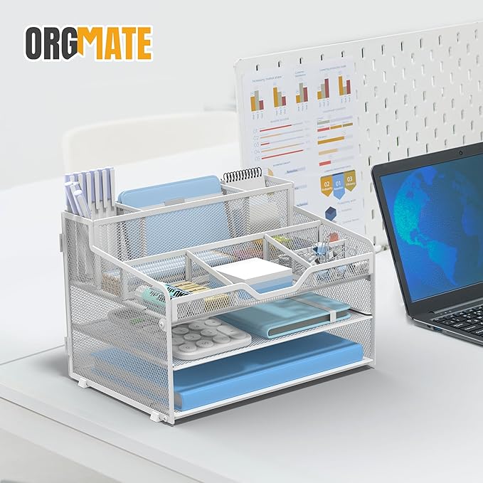 3 Tier Mesh Desk Organizer,Multi Functional Letter Paper Tray with 3 Pen Holders and 5 Adjustable Storage Compartments for Office Supplies Files and Mail Space Saving Desktop Organizer-White