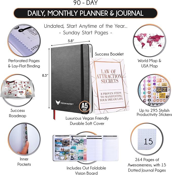 Gratitude Journal for Women & Men - 5 Minute Self Care Journal | 90-Day Undated Daily Planner for Positivity, Affirmations & Manifestation | Guided Mindfulness, Reflection | Vision Board + Stickers