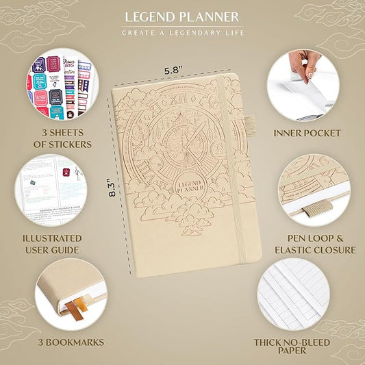 Legend Planner Hourly Schedule Edition – Deluxe Weekly & Daily Organizer with Time Slots. Time Management Appointment Book Journal for Work & Personal Life, Undated, A5 Hardcover – Seashell, Gold Foil