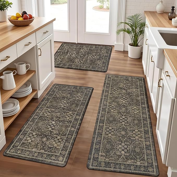 Pauwer Anti Fatigue Kitchen Mat Set of 3 Non Slip Kitchen Mats for Floor Cushioned Kitchen Rugs Comfort Standing Mat Farmhouse Waterproof PVC Foam Kitchen Floor Mat Runner, Taupe