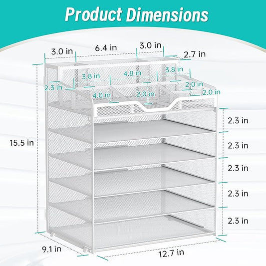6 Tier Mesh Desk Organizer,Multi Functional Letter Paper Tray with 3 Pen Holders and 5 Adjustable Storage Compartments for Office Supplies Files and Mail Space Saving Desktop Organizer-White