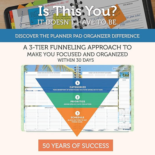 Planner Pad Spiral Bound 3-Tier Funnel Down 12 Month Organizer, July 2025 – June 2026 / Academic Year, Seasonal Color Ink, 6 3/4" x 8 1/2"