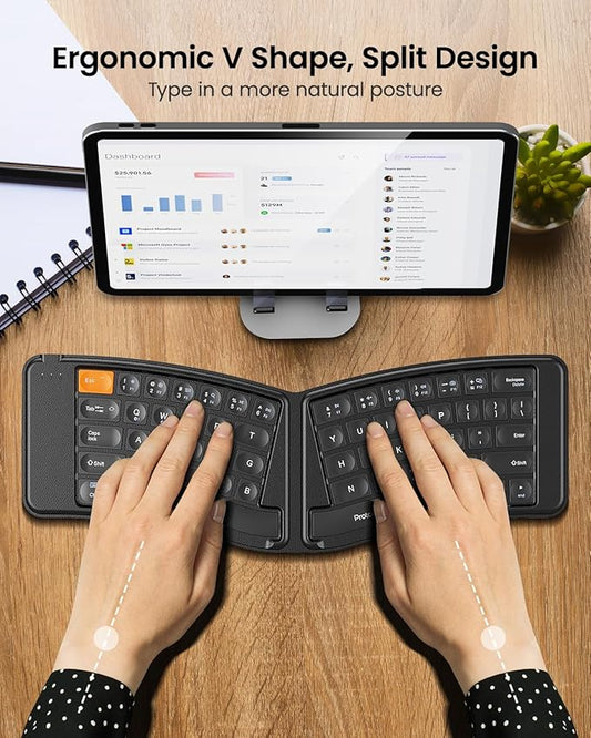 ProtoArc Ergonomic Foldable Keyboard Mouse, XKM03 Portable Folding Bluetooth Keyboard Mouse Combo for Business and Travel, Split Design, 3 Bluetooth, Rechargeable, for iPad, Tablet, iPhone, Laptop