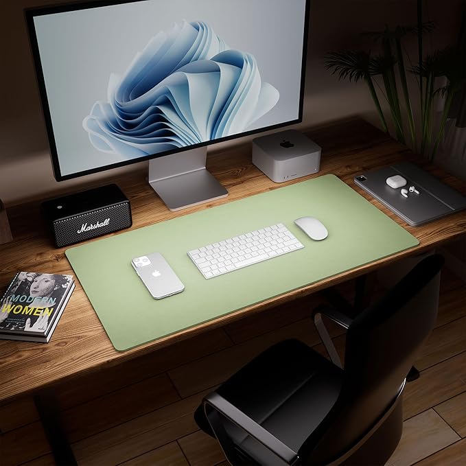 Aothia Dual-Sided Desk Mat - Natural Cork & Leather Desk Protector, Large Mouse Pad & Writing Pad for Office/Home, Olive Green (25.6"x13.7")