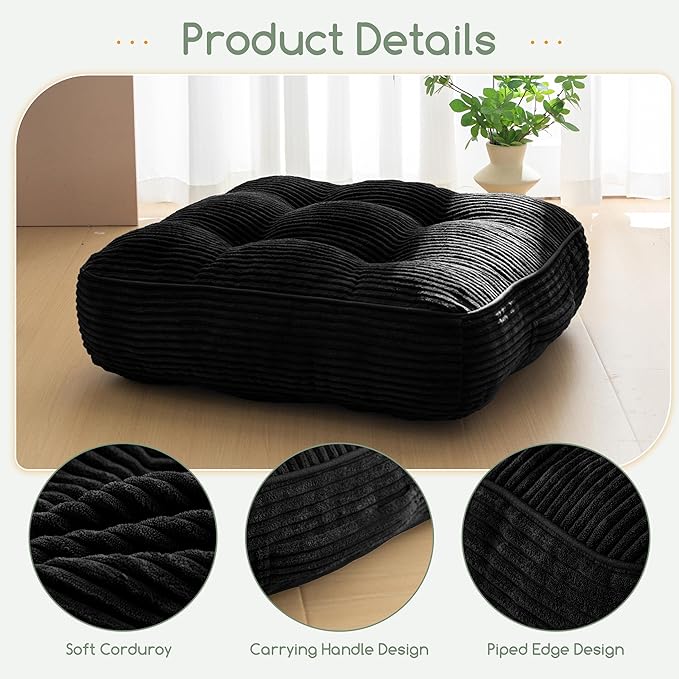 6" Washable Floor Pillow Cushion for Adults, Meditation Cushion Pillow, Large Square Floor Sitting, Removable Tufted Corduroy Cover, for Tatami Living Room or Yoga, 22x22 Inch, 2Pack, Machine Washable