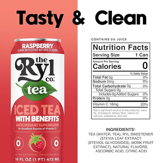 Ryl Iced Tea, Raspberry, Antioxidant Superblend, Zero Sugar, Low Carb, Zero Calorie Iced Tea, 16.0 Fl Oz (12-Pack)