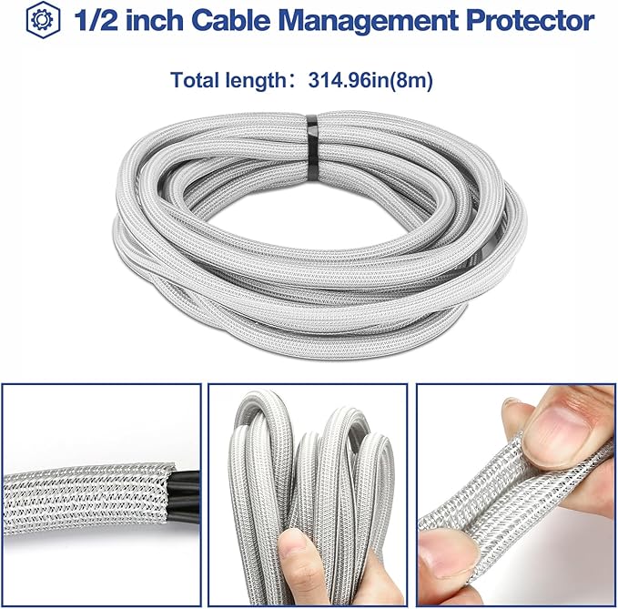 JOTO 1 Pack Cable Management Sleeve, 26 Feet Cord Organizer System with Zipper for TV Computer Office Home Entertainment, Flexible Cable Sleeve Wrap Cover Wire Hider System -Grey