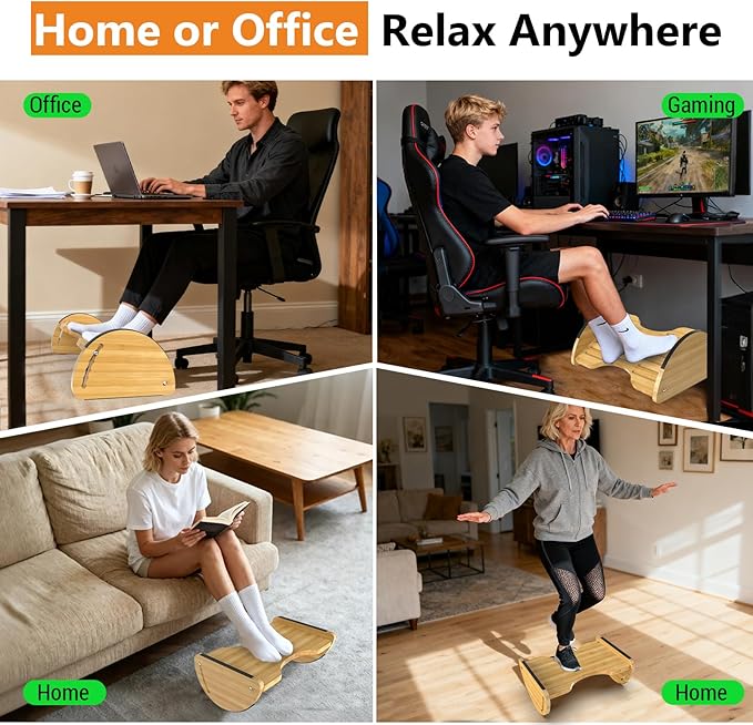 Bamboo Foot Rest for Under Desk at Work - Reversible Rocking Desk Footrest 2-in-1 with 6 Adjustable Heights, Ergonomic Foot Rest Under Desk with Anti-Slip Surface for Home, Office and Gaming