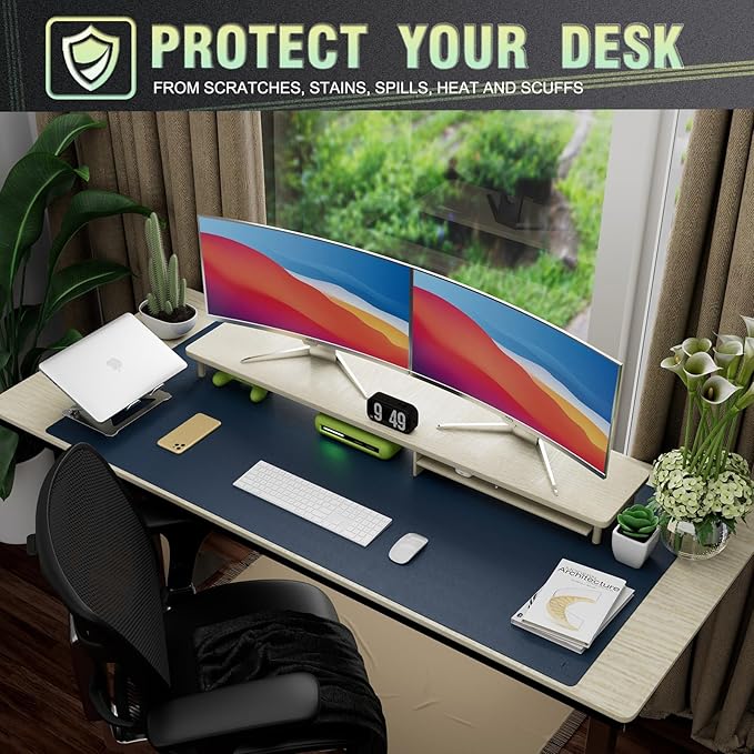 K KNODEL Large Office Leather Desk Mat, Mouse and Keyboard Pad, Computer and Laptop Mat, Desktop Protector and Cover, Writing Pad and Blotter (47.2"x23.6", Dark Blue)