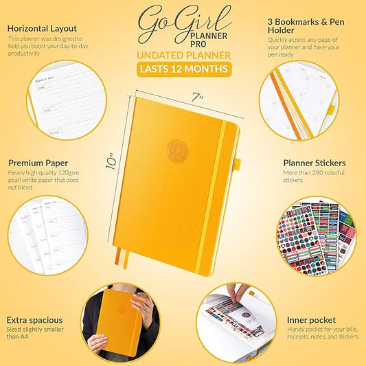 GoGirl Planner PRO - Undated Horizontal Layout Weekly Planner and Organizer + Budgeting and Expense Tracking Pages, Goals Journal & Agenda, 7" x 10" Hardcover, Lasts 1 Year - Amber Yellow