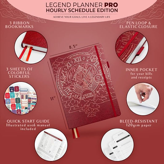 Legend Planner PRO Hourly Schedule - Weekly & Daily Organizer with Time Slots. Appointment Book Journal for Work & Personal, A4 (Wine Red)