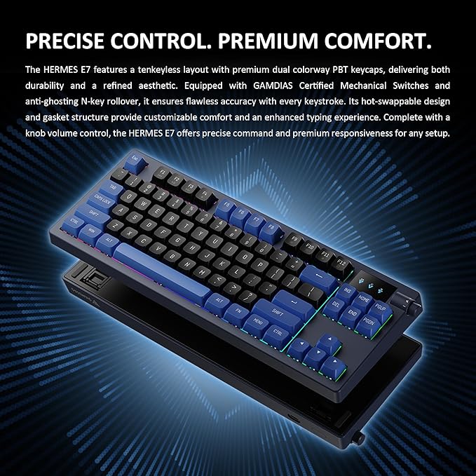 GAMDIAS Hermes E7 Wired Gasket 75% RGB Mechanical Keyboard, Volumn Control Knob, Hot Swappable Linear Red Switch, Backlit RGB with PBT Keycaps, Anti-ghosting with N-Key Rollover