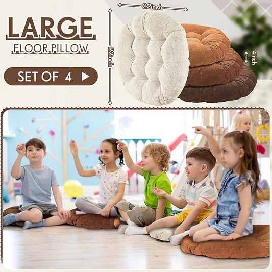 Jerify 4 Pcs Floor Pillow Cushions 22 x 22 Inch Round Square Large Meditation Floor Pillow for Classroom Adult Meditation Picnic Party Cushion for Seating Gift Christmas(Brown,Round)