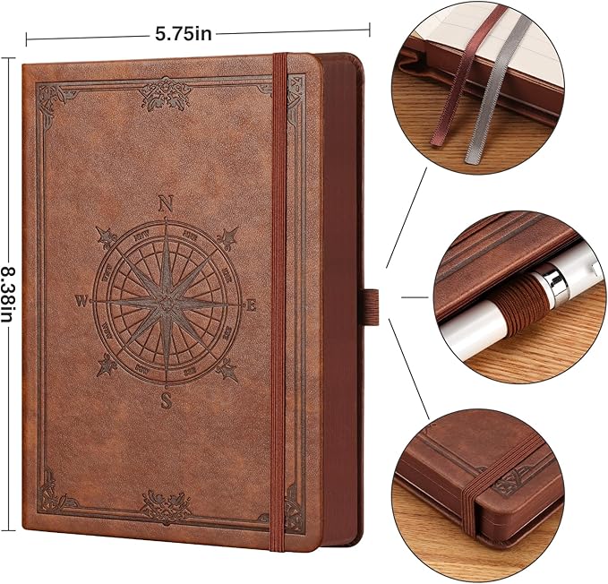 AHGXG Thick Journal Dotted Notebook for Men - 320 Numbered Pages A5 Notebook for Writing, 100gsm Dot Paper, Vintage Leather Hardcover, for Women Work Office School, 5.75'' X 8.38''- Brown