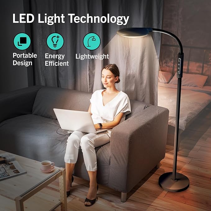 PRIMETEK Happy Lamp10000 Lux Mood Lamp, Dual Control Remote,Touch Screen Sad Lamp, Adjustable LED Floor Lamp, UV-Free Sun Light, 5 Color Temperatures 10 Brightness Levels (Black)