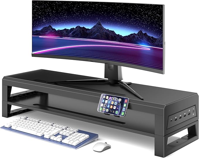 2-Tier Metal Computer monitor stand Laptop Desk Shelf & Monitor Riser ,27.55 inches long desk riser ,22W charging power, 2 USB 3.0 ports, and 1 USB 2.0 port Monitors/PC/Laptop/Computer Space Saver Organizer(USB Hub Fast Charging Version, Two-layer 700mm)
