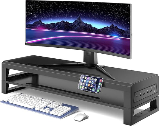 2-Tier Metal Computer monitor stand Laptop Desk Shelf & Monitor Riser ,27.55 inches long desk riser ,22W charging power, 2 USB 3.0 ports, and 1 USB 2.0 port Monitors/PC/Laptop/Computer Space Saver Organizer(USB Hub Fast Charging Version, Two-layer 700mm)