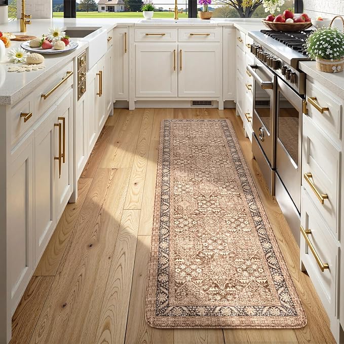 KIMODE Anti Fatigue Mats for Kitchen Floor, 20"x71" Boho Vintage Kitchen Runner Rug, Cushioned Floor Mat Non Slip, Memory Foam Standing Mat for Sink Laundry Office Desk Brown