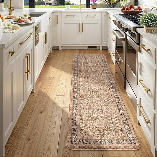 KIMODE Anti Fatigue Mats for Kitchen Floor, 20"x71" Boho Vintage Kitchen Runner Rug, Cushioned Floor Mat Non Slip, Memory Foam Standing Mat for Sink Laundry Office Desk Brown