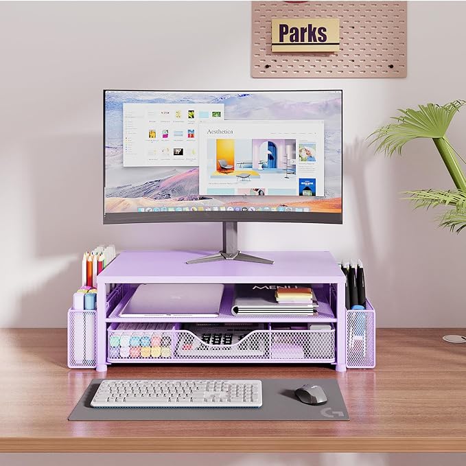 Desk Organizers and Accessories, 2-Tier Computer Monitor Stand Riser with Drawer and 2 Pen Holders, Laptop Stand, Office Desk Accessories for Office Supplies, Purple