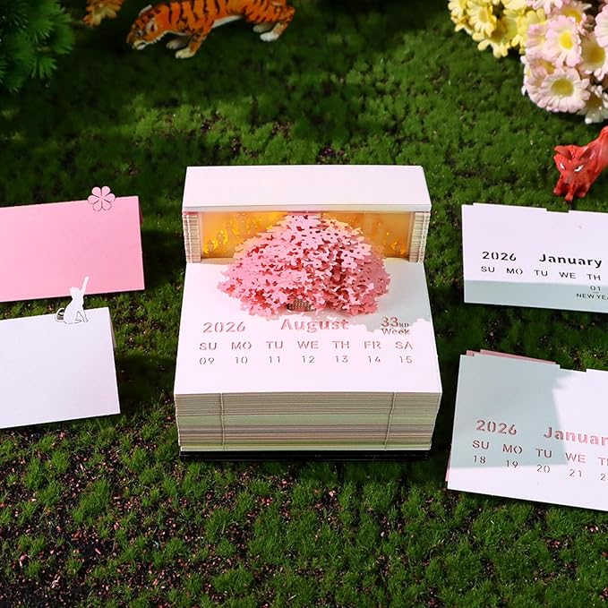 3D Timepiece Calendar 2026 Paper Art Memo Pad with LED Light – Tear-Away Desk Calendar for Record, Planner & Habit Tracker, Bookmark, Gift & Decorative Office Decor