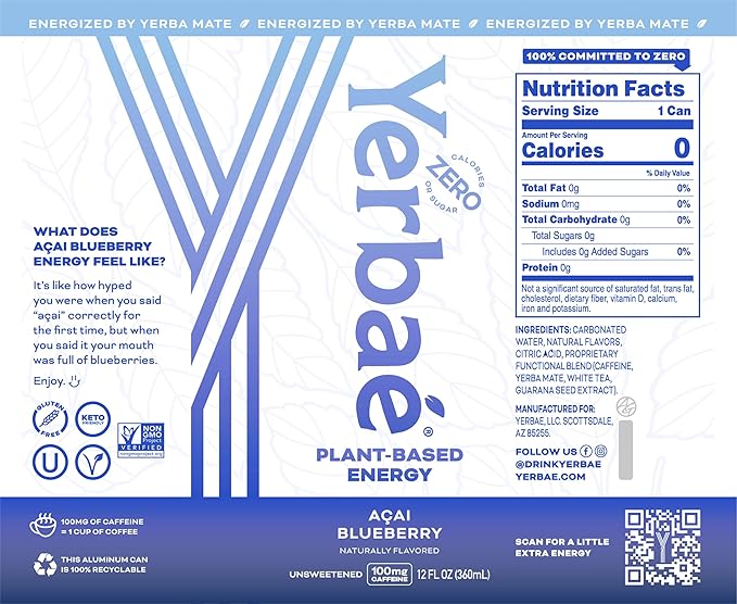 Yerbaé Energy Seltzer - Variety Tropical Pack, No Sugar/Calories/Carbs. Energized by Yerba Mate, Naturally Caffeinated & Plant-Based, Healthy Alternative to Coffee/Sugary Sodas, Pack of 12, 12oz cans