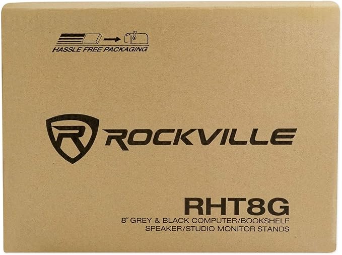 Rockville RHT8G Desktop Speaker Stands, 8-Inch Height, 66 lbs Capacity, Grey, Vibration Isolation Pads, Premium Wood Build, Cable Management, Perfect for Studio Monitors and Bookshelf Speakers
