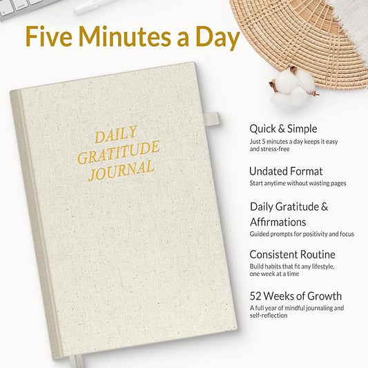 SUNEE Daily Gratitude Journal – Simple 5 Minute Journal for Daily Reflection, Build Positivity and Mindfulness, Undated Minimalist Planner for Women & Men (Beige)